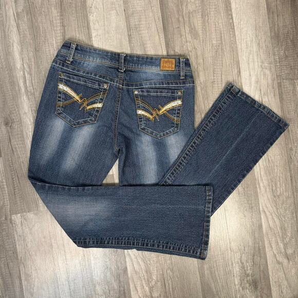 Y2K l.e.i. Ashley Low Rise Bootcut Jeans 7 Short Embroidered Pockets - Picture 1 of 7